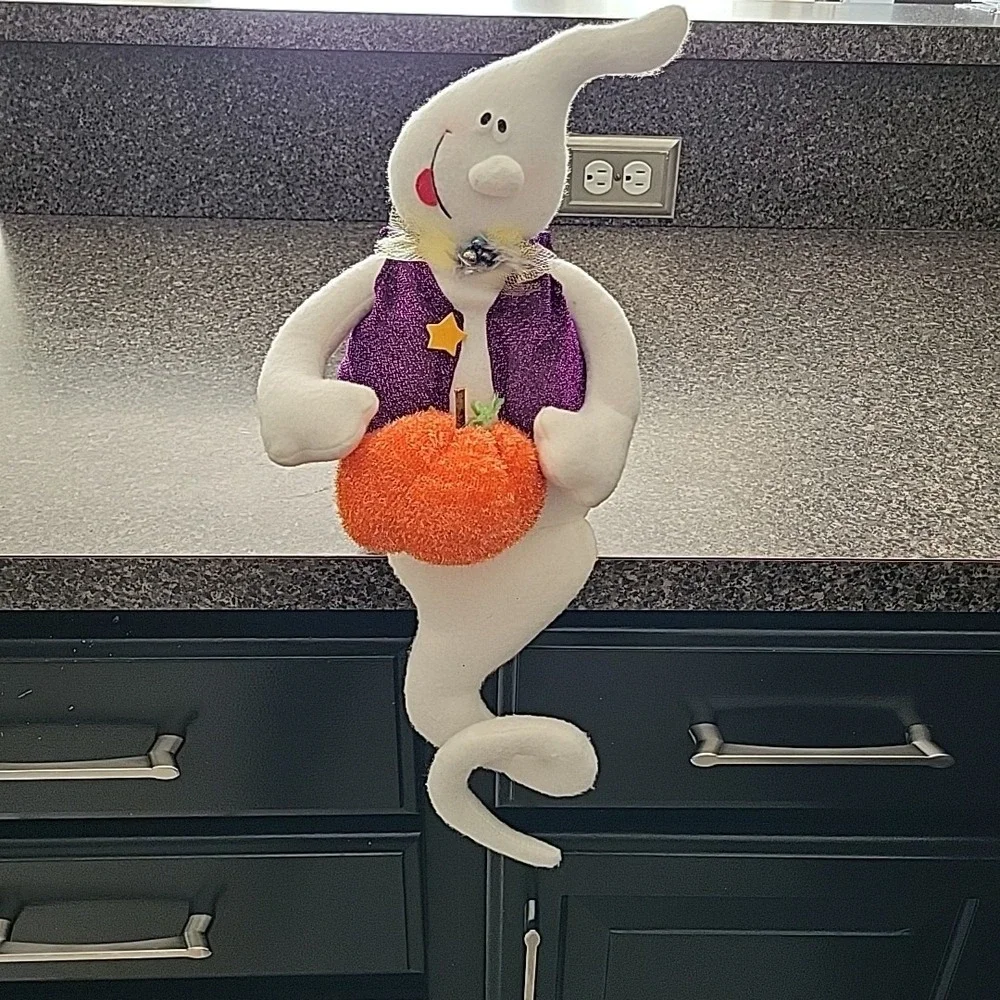 VINTAGE 2002 Halloween Ghost Shelf Sitter with Pumpkin Purple Vest Bow Tie‎